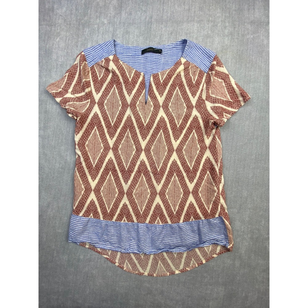 THML Womens XS Red Ikat Diamond Striped Mixed Print Rayon Blouse‎ NT032